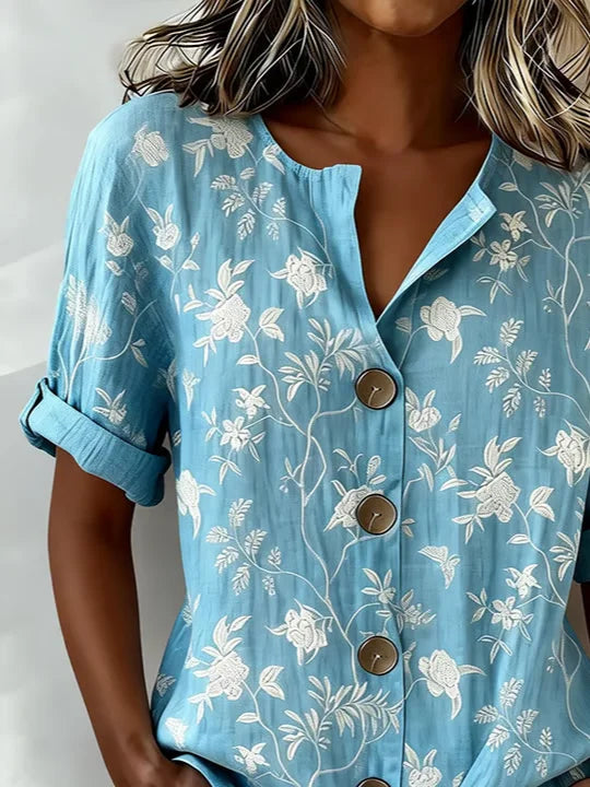 Women's Long Sleeve Shirt Spring/Fall Blue Floral Buckle Stand Collar Daily Going Out Casual Top