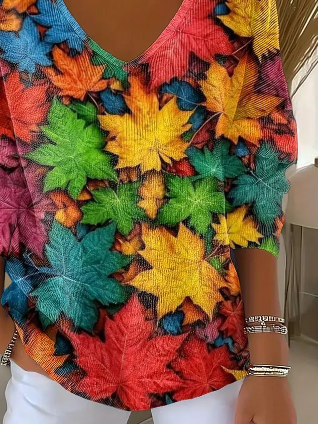 Women's Long Sleeve T-shirt Spring/Fall As Picture Maple Leaf Printing V Neck Daily Going Out Casual Top