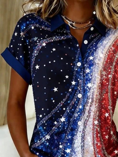 Women's Short Sleeve Shirt Summer As Picture Independence Day (Flag) Printing Shirt Collar Daily Going Out Casual Top