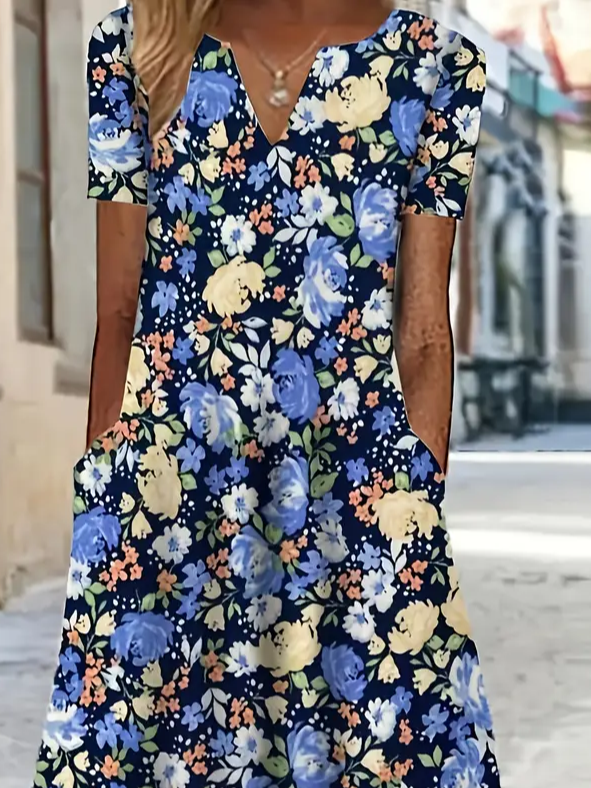 Women's Short Sleeve Summer Blue Floral Printing V Neck Daily Going Out Casual Maxi H-Line Fit & Flare Dress Dress