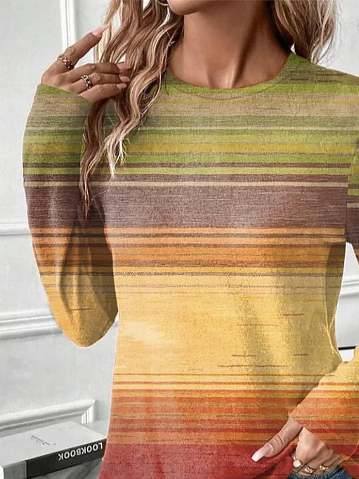 Women's Long Sleeve T-shirt Spring/Fall Yellow Abstract Stripes Printing Jersey Crew Neck Daily Going Out Casual Top
