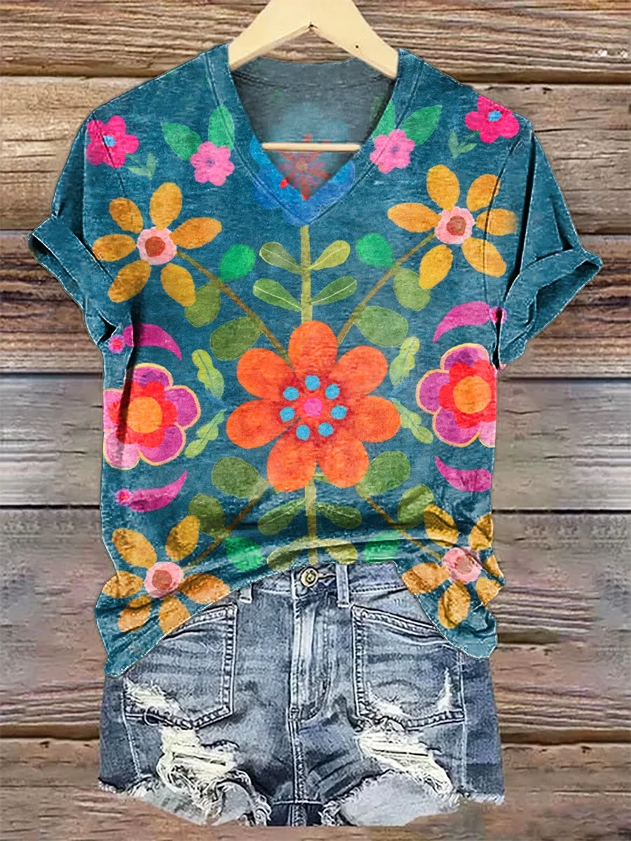 Women's Floral Print V-Neck Short Sleeve T-Shirt