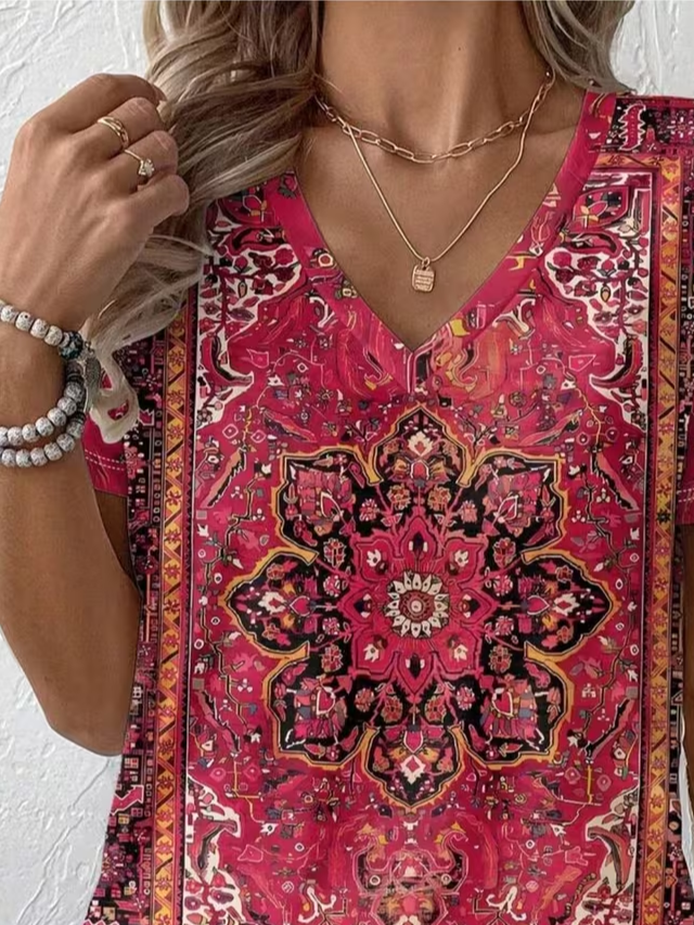 Women's Short Sleeve T-shirt Summer Pink Ethnic Printing V Neck Holiday Going Out Vintage Top