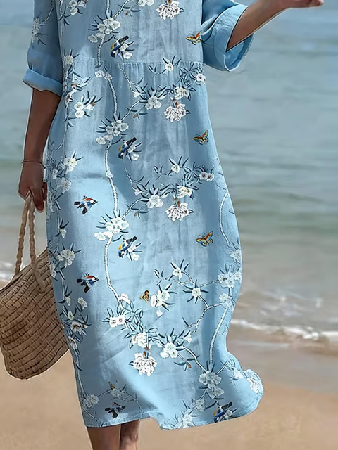 Vintage Floral Loose Linen Blend Dress With No