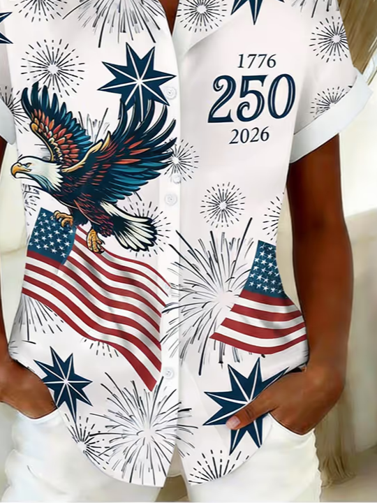 Women's Short Sleeve Shirt Summer White Independence Day (Flag) Printing Shirt Collar Daily Going Out Casual Top
