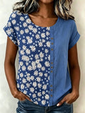 Daisy Floral Casual Linen Blend Crew Neck Loose Casual Top