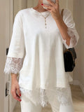 Elegant Plain Lace Patchwork Top Crew Neck Short Sleeve Casual Loose T-Shirt