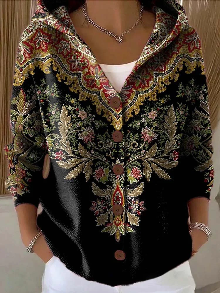 Women's Floral Print Hooded Button Cardigan