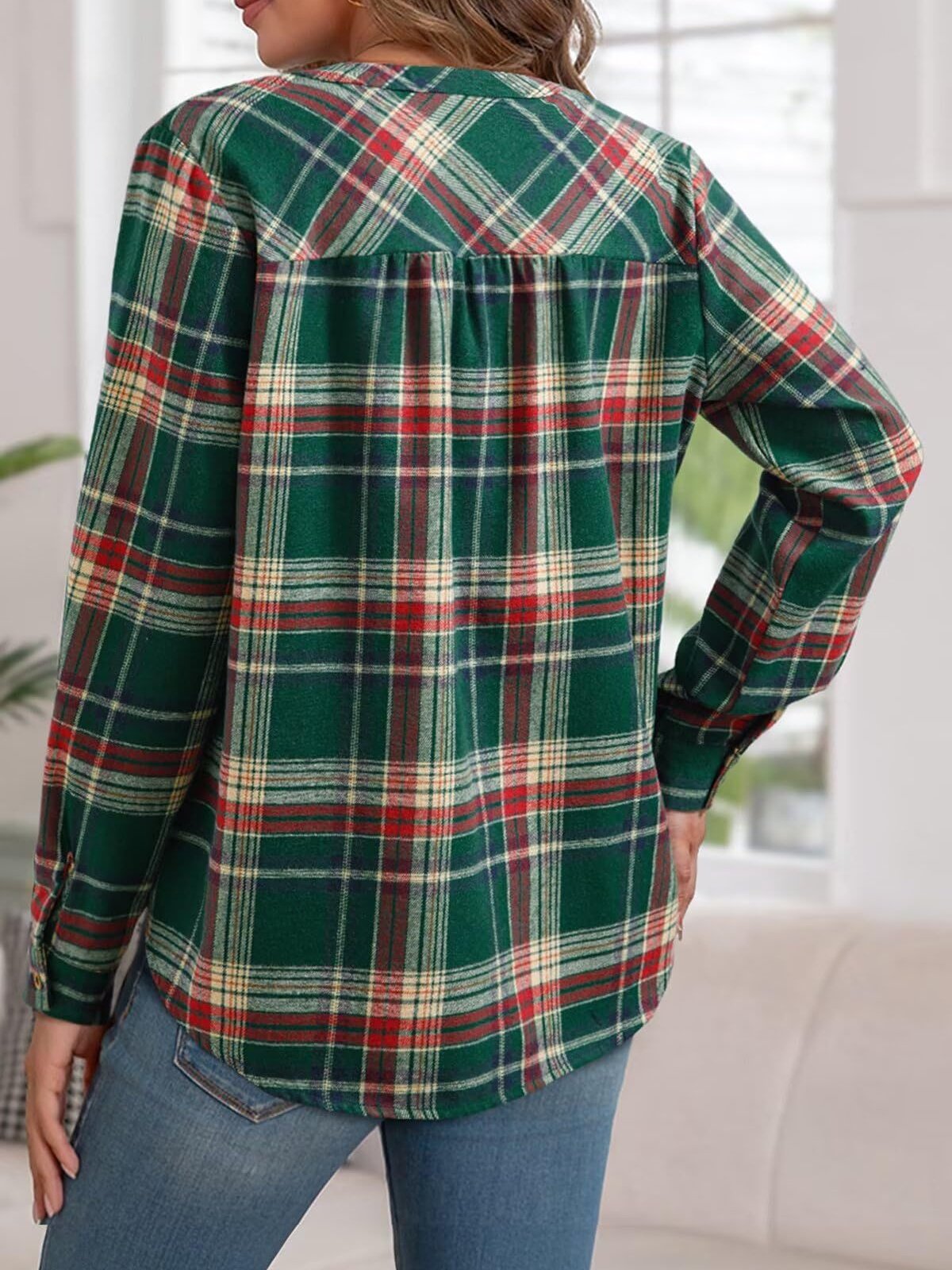 Women's Long Sleeve Shirt Spring/Fall Blue Plaid Split Joint V Neck Daily Going Out Casual Top