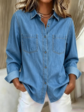 Denim Casual Shawl Collar Plain Shirt