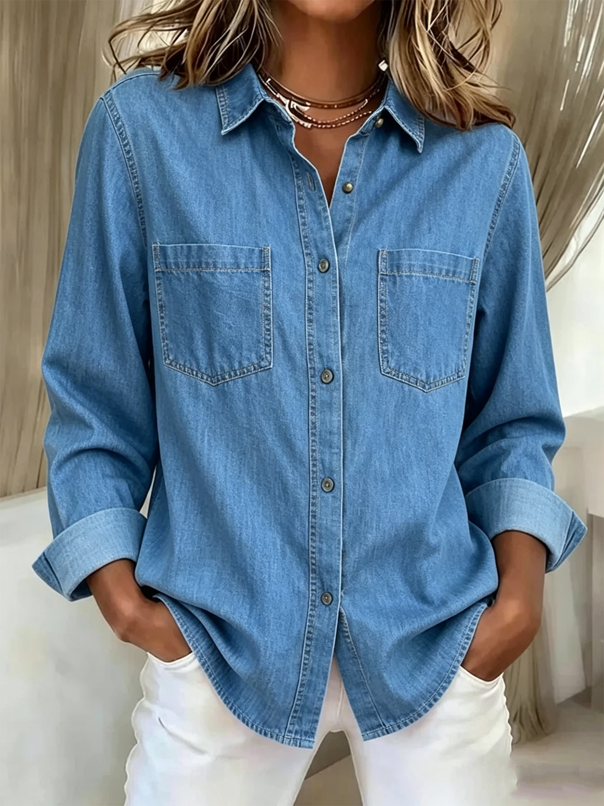Denim Casual Shawl Collar Plain Shirt