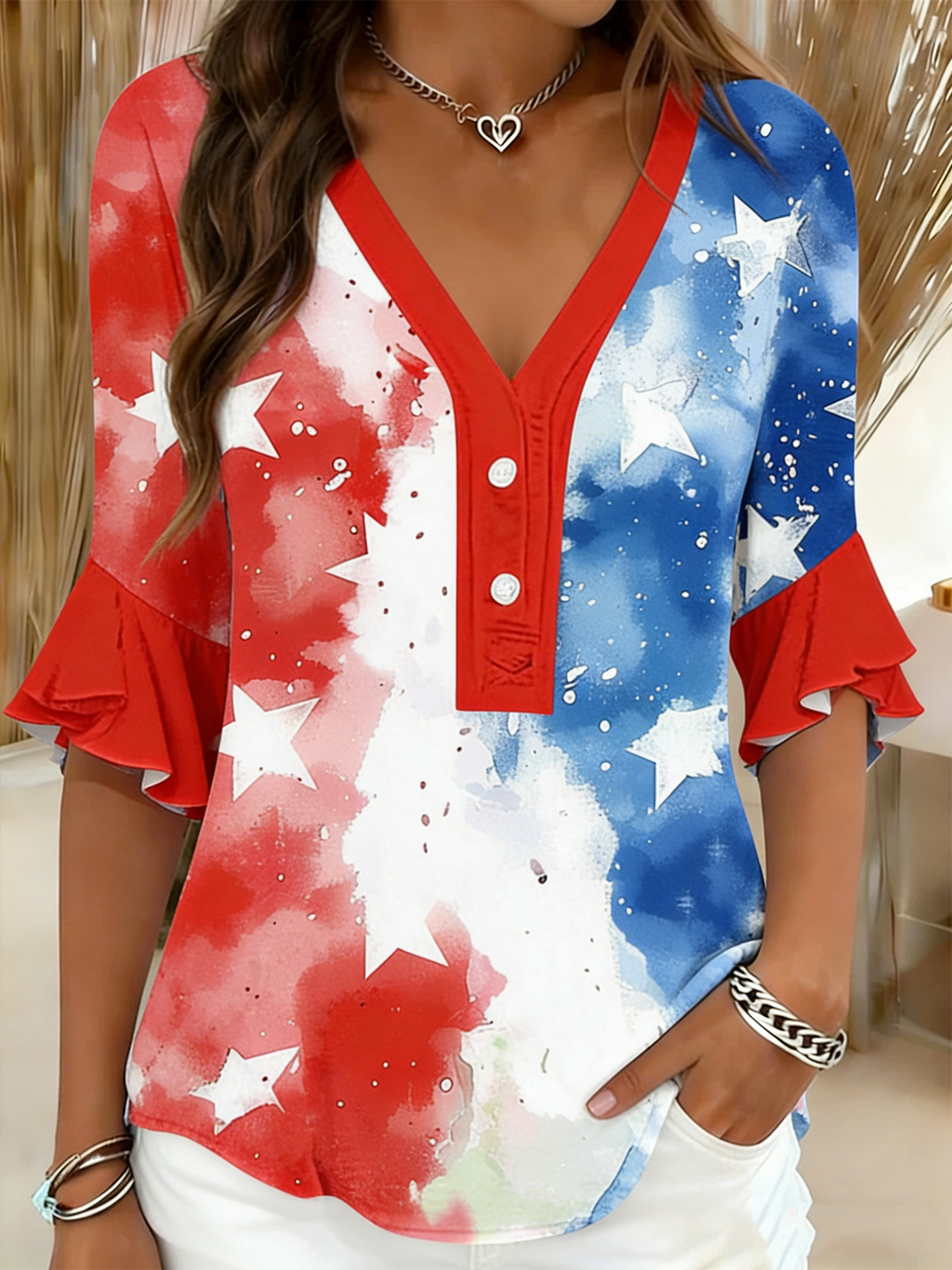 Women's V-Neck Multi-Layered Lace Design Shirt
