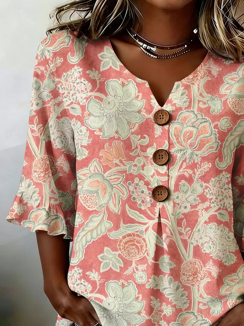 Floral Loose Elegant Cotton And Linen Shirt