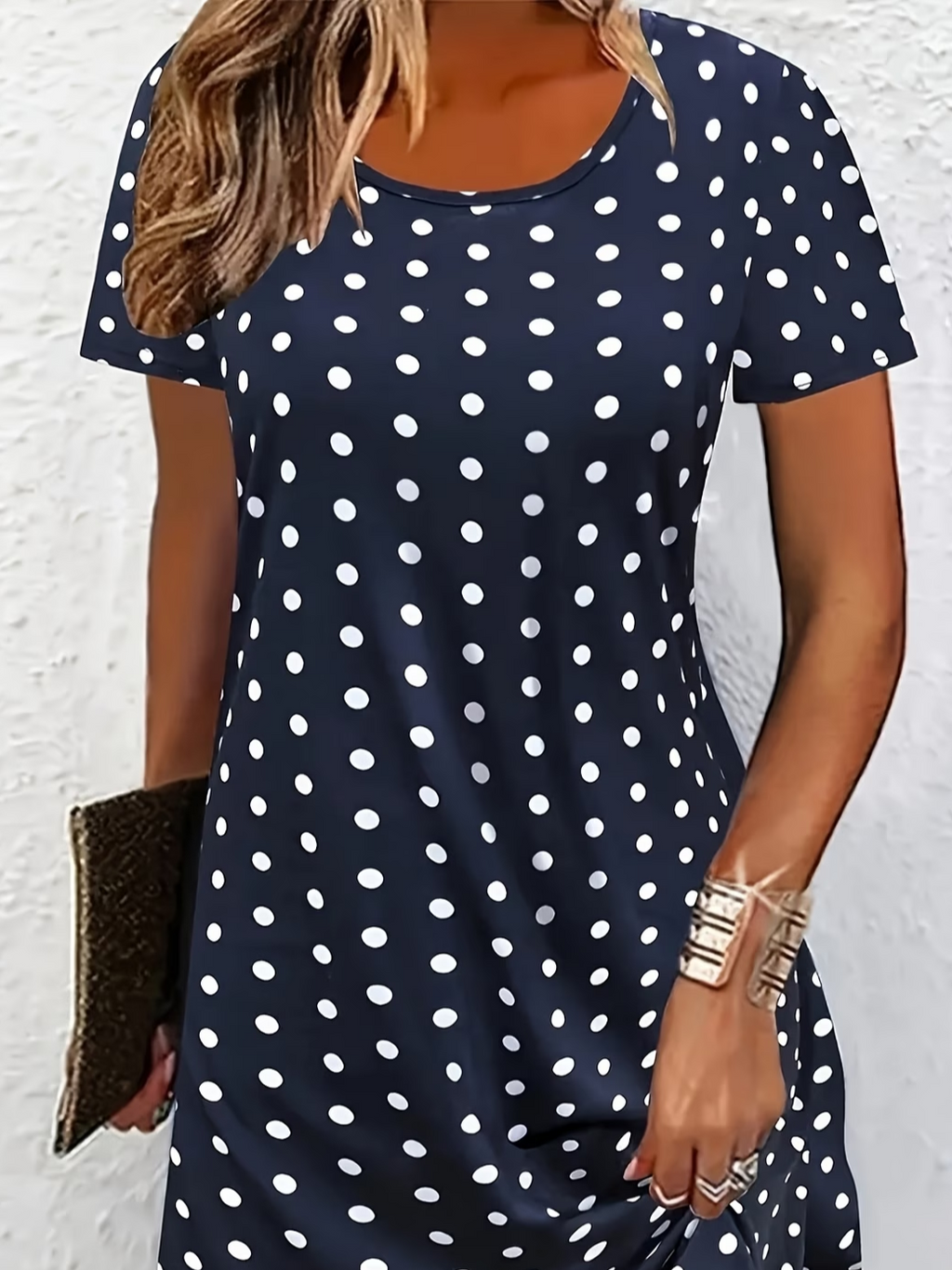 Women's Short Sleeve Summer Navyblue Polka Dots Printing Crew Neck Daily Going Out Casual Midi A-Line T-Shirt Dress Dress