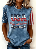 Women's Short Sleeve T-shirt Summer Blue Independence Day (Flag) Printing Jersey Crew Neck Daily Going Out Casual Top