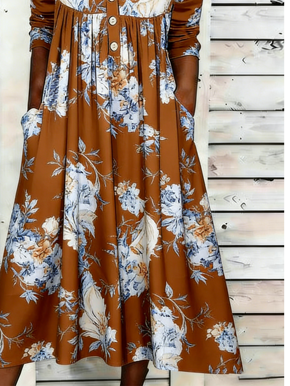 Half Open Collar Loose Casual Botanical Pattern Dress With No