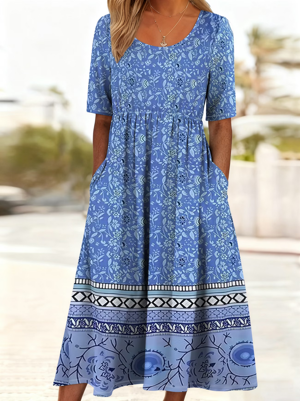 Women's Short Sleeve Summer Blue Floral Printing Crew Neck Daily Going Out Casual Maxi H-Line Shift Dress Dress