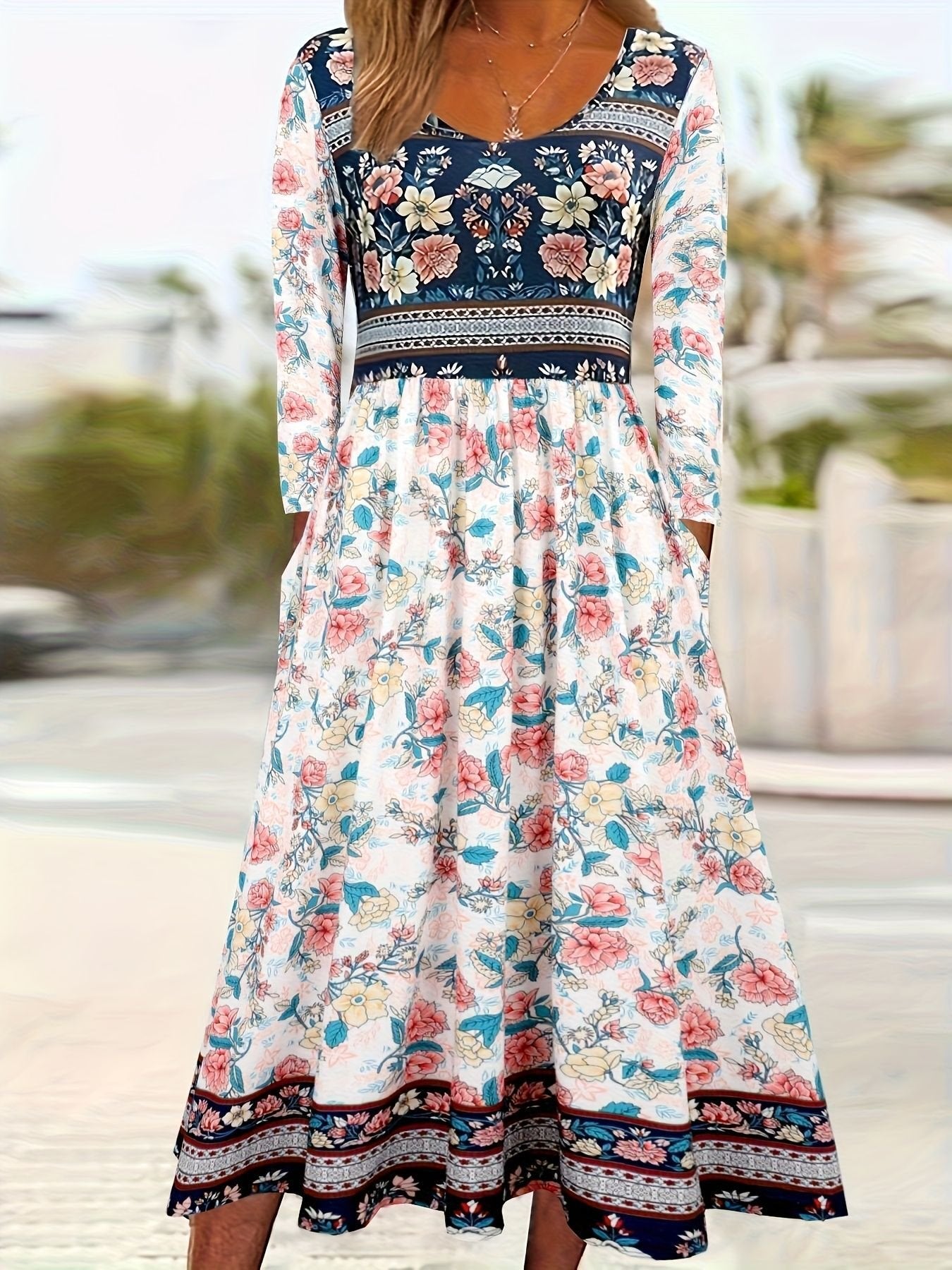 Floral Vintage Loose Crew Neck Dress With No