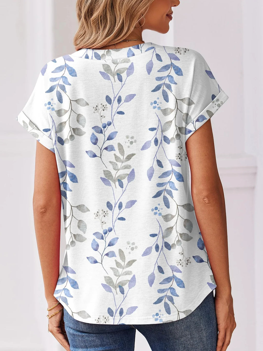 Botanical Pattern Elegant Cotton V Neck T-Shirt