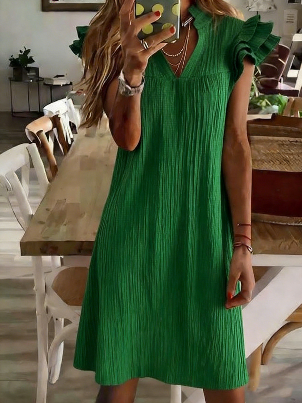 Ruffle Sleeve Plain Vintage Dress With No