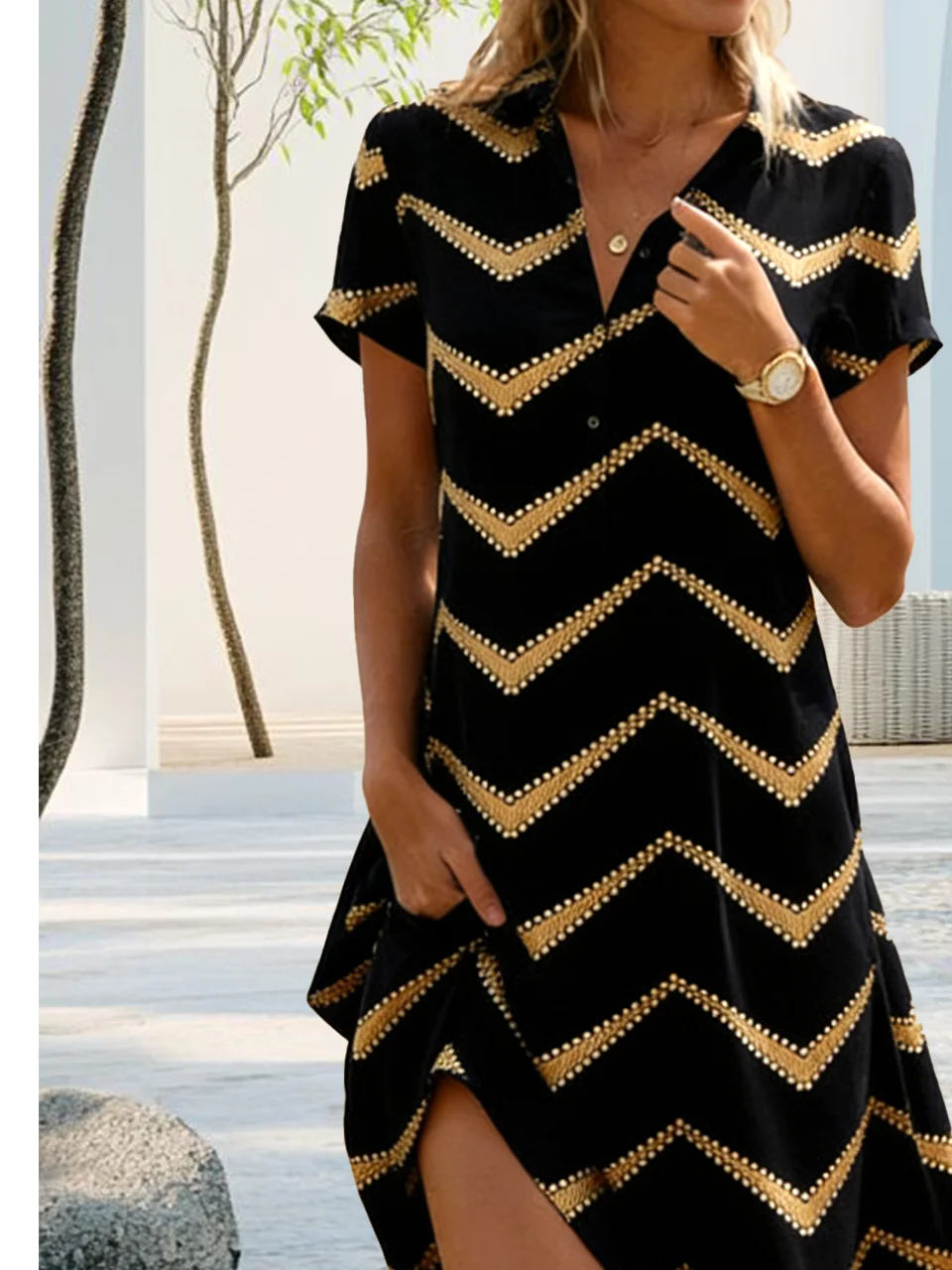 Shawl Collar Geometric Elegant Loose Shirt Dress With No