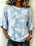 Cotton And Linen Blue Floral Vintage Loose Casual Top
