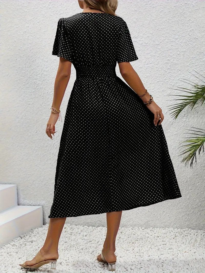 Women's Short Sleeve Summer Blue Polka Dots Split Joint V Neck Daily Going Out Casual Maxi A-Line Tank Dress