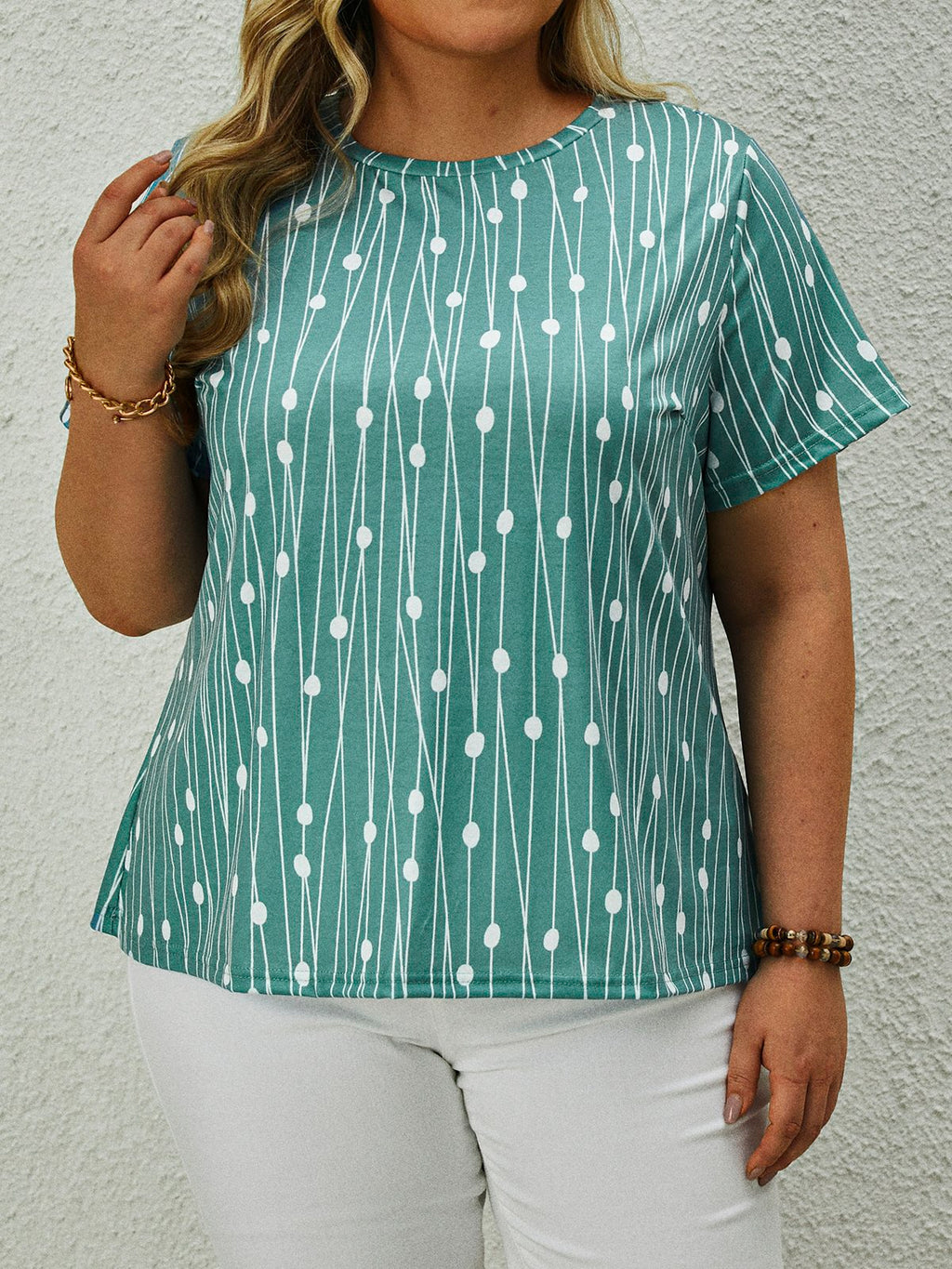 Plus Size Casual Knitted Polka Dots Crew Neck T-Shirt