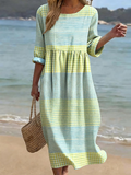 Women's Half Sleeve Summer Blue Plaid Printing Crew Neck Daily Going Out Casual Maxi H-Line Dress