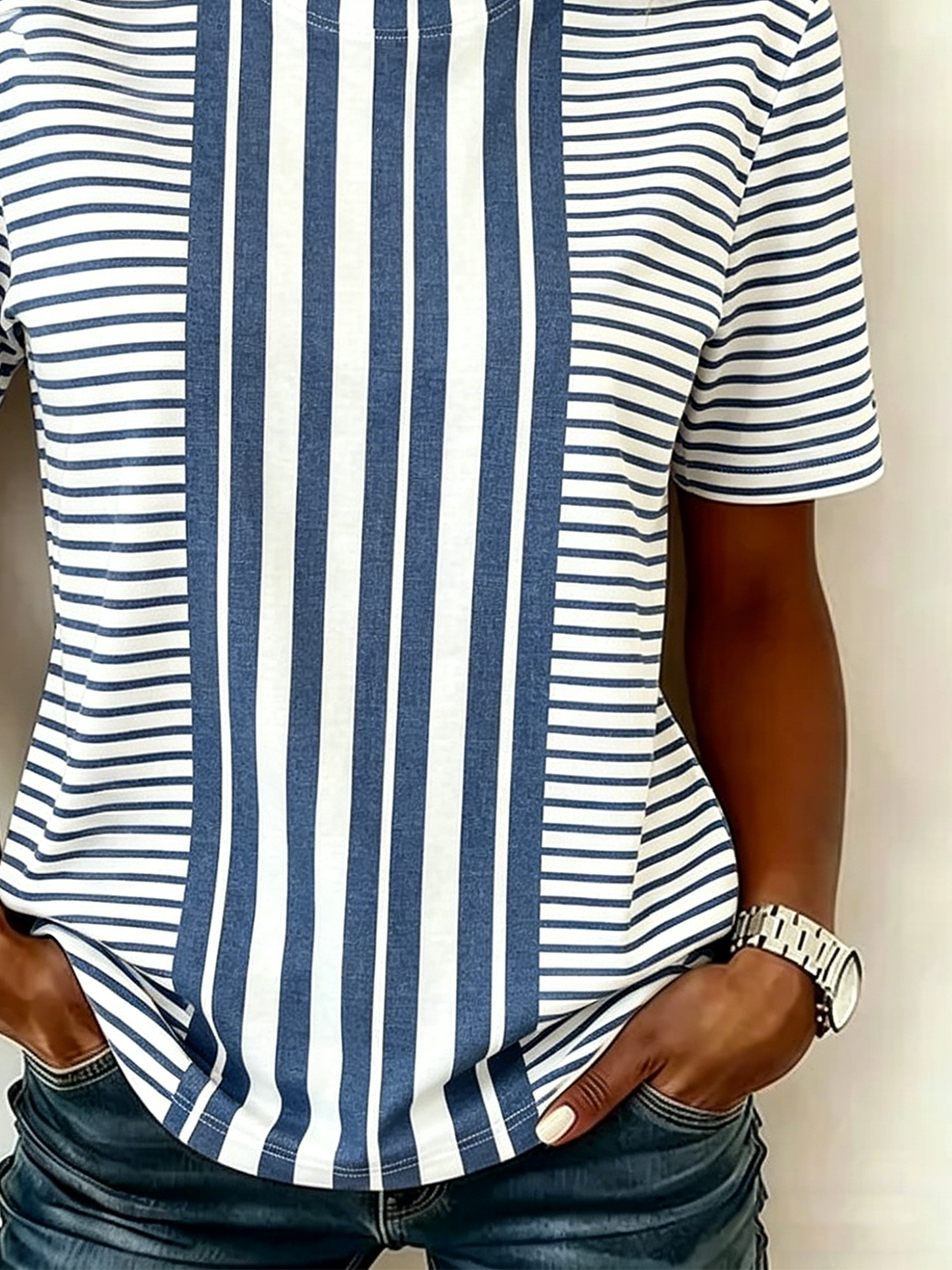 Striped Cotton-Blend Casual Crew Neck T-Shirt