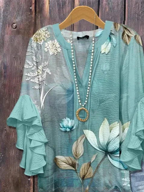 Women's Half Sleeve Shirt Summer Cyan Floral Printing V Neck Daily Going Out Casual Top