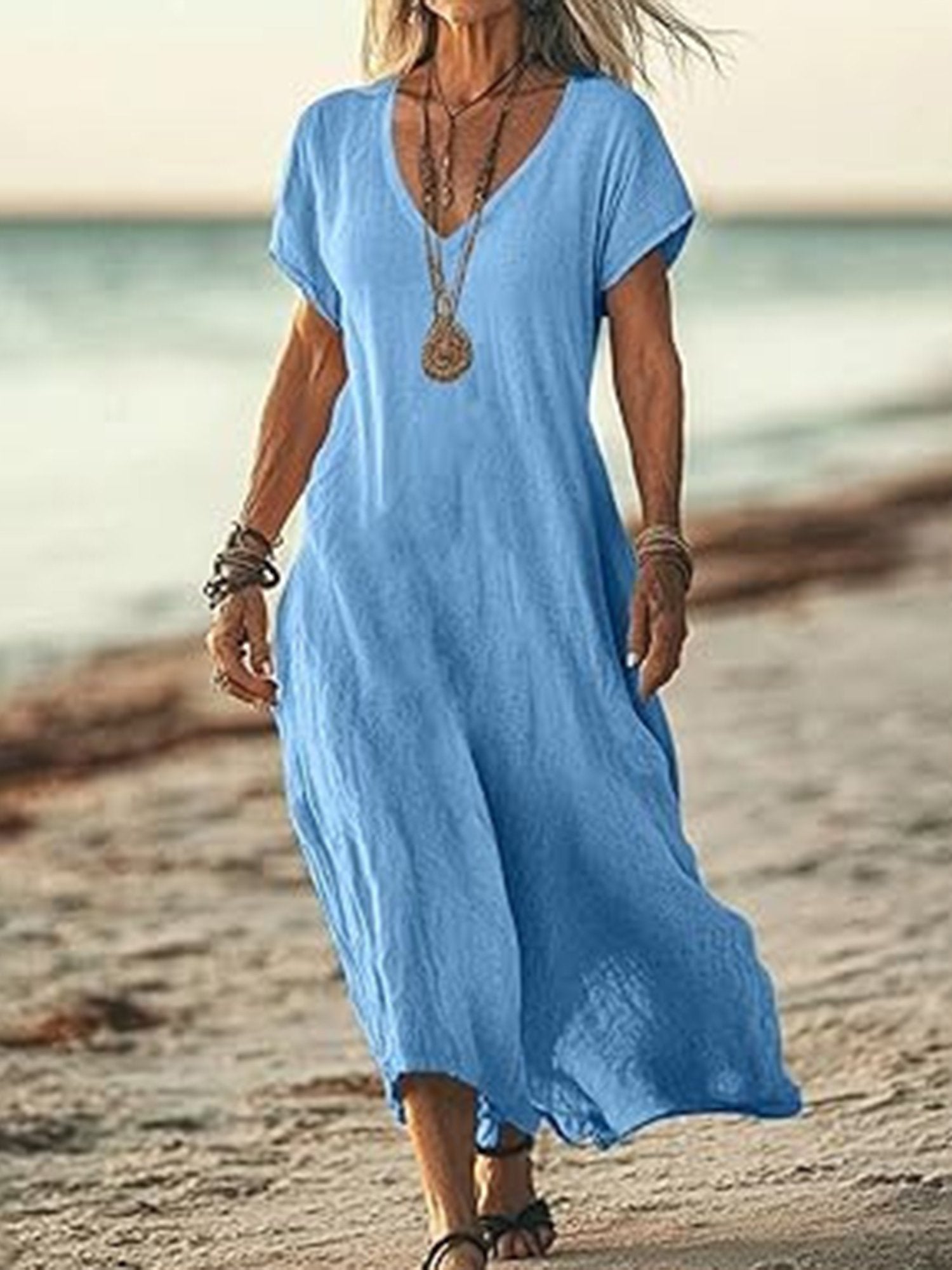 Casual Plain V Neck Midi Dress