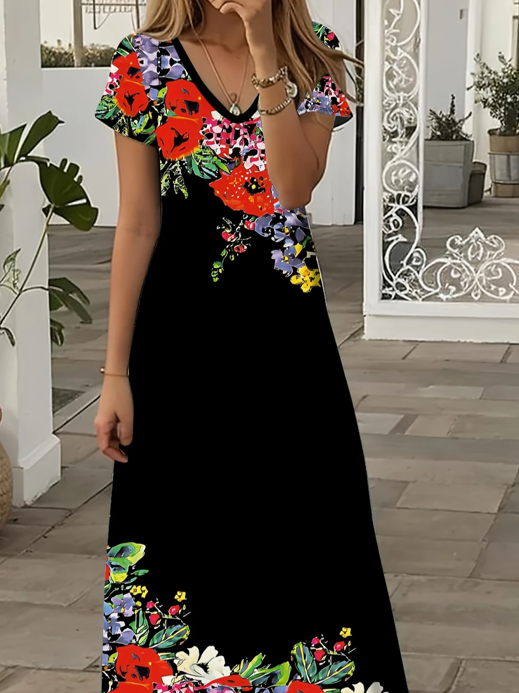 Women's Short Sleeve Summer Black Floral Printing V Neck Daily Going Out Casual Maxi X-Line Dress