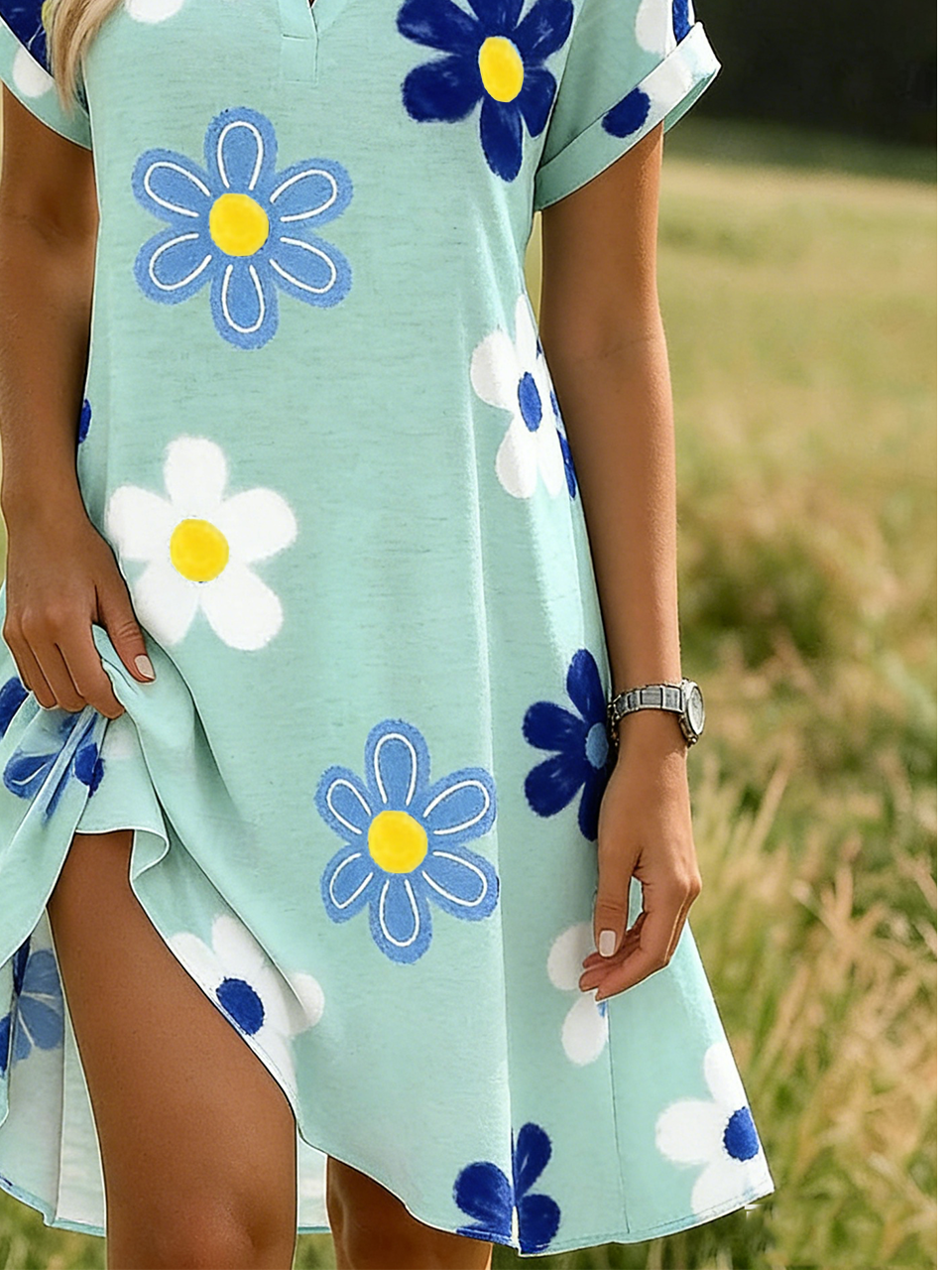 Loose Elegant Floral Shawl Collar Shirt Dress With No