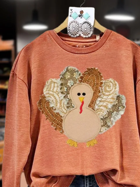 Women's Turkey Print Thanksgiving Crew Neck Sweatshirt