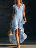Cotton-Blend V Neck Elegant Loose Dress With No
