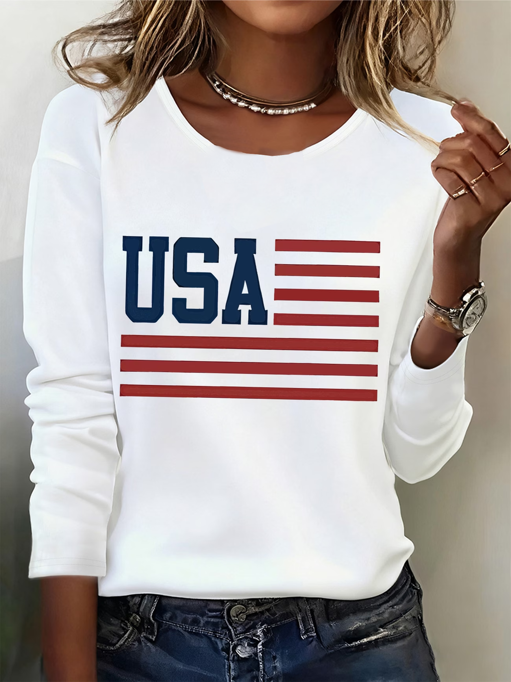 Women's Long Sleeve T-shirt Spring/Fall White America Flag Printing Jersey Crew Neck Daily Going Out Casual Top