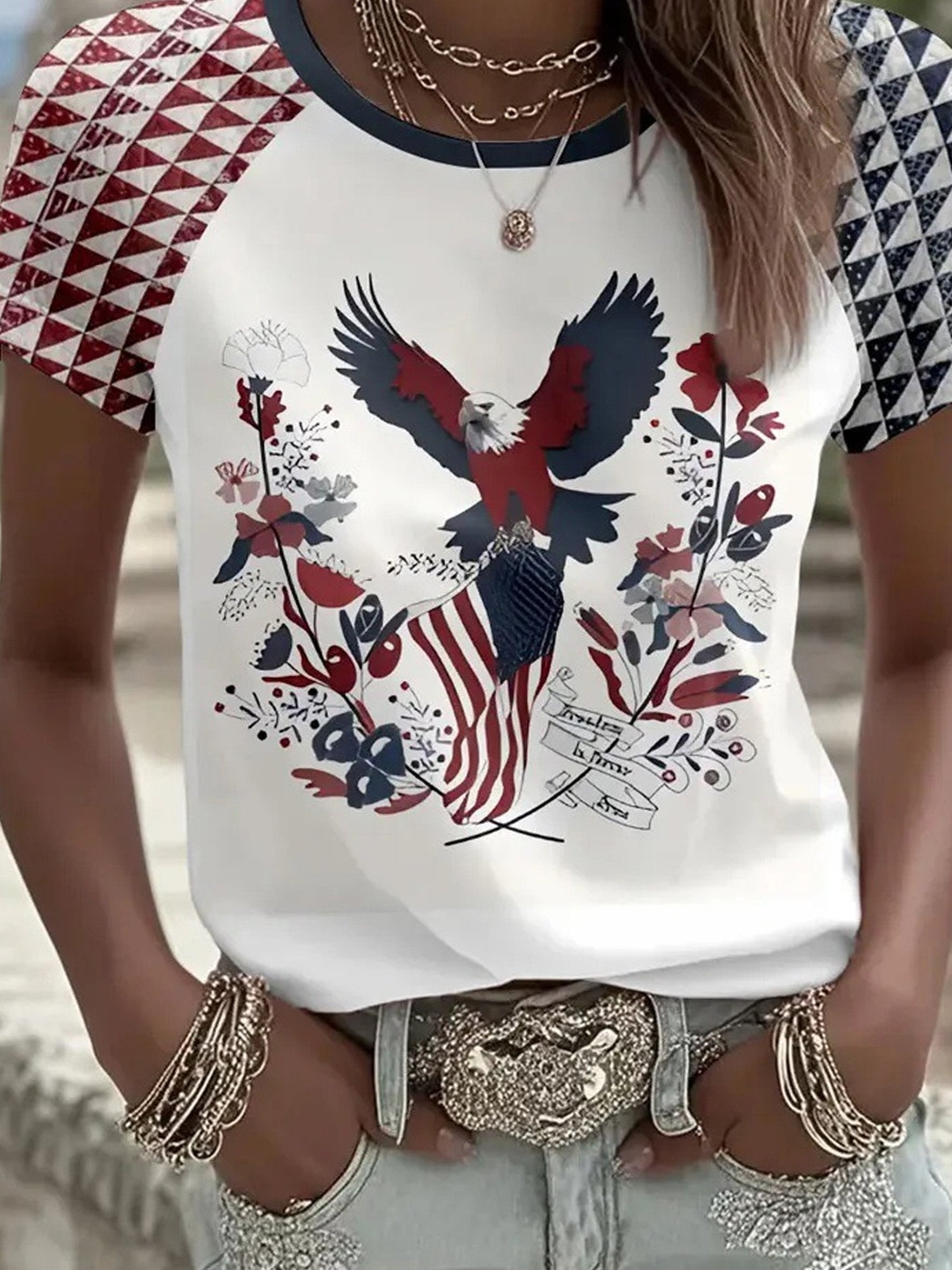 3D Printing Independence Day Vintage Crew Neck Eagle Old Glory Jersey T-Shirt