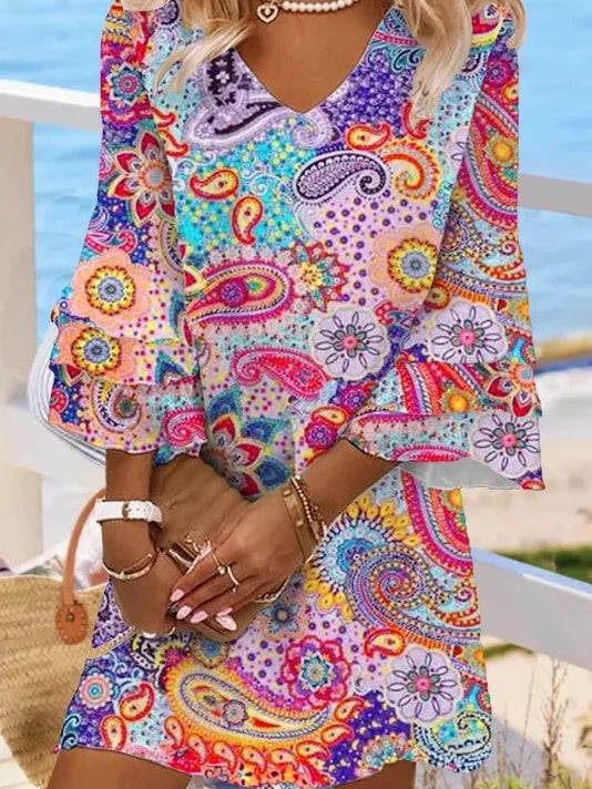 Vibrant Boho Paisley Floral Tiered Sleeve Mini Dress - V Neck Summer Beach dress