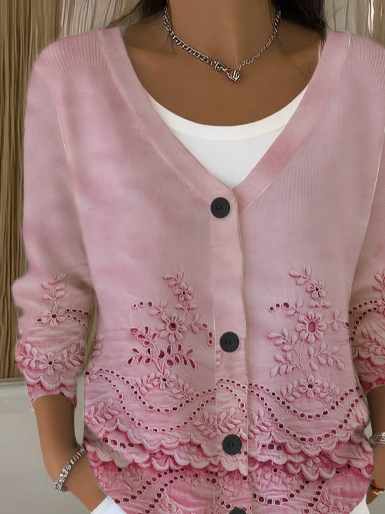 Women's Floral Print Casual Long Sleeve V-Neck Knitted Button Cardigan
