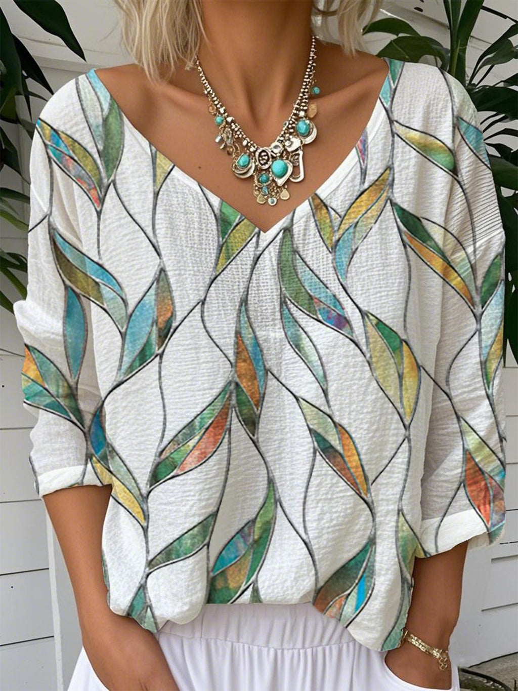 Print Casual V Neck Long Sleeve T-Shirt