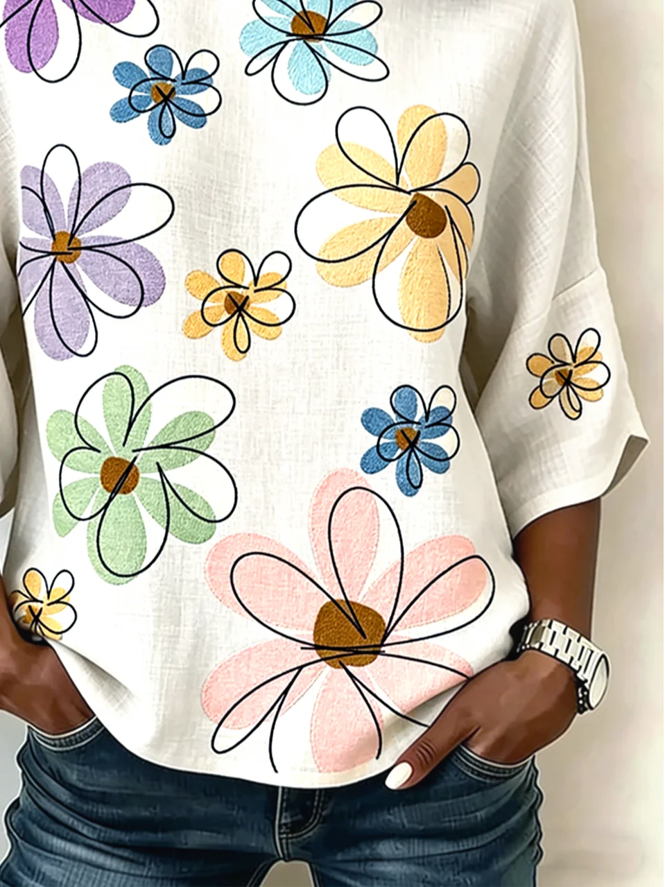 Cotton And Linen Vintage Floral Crew Neck Shirt
