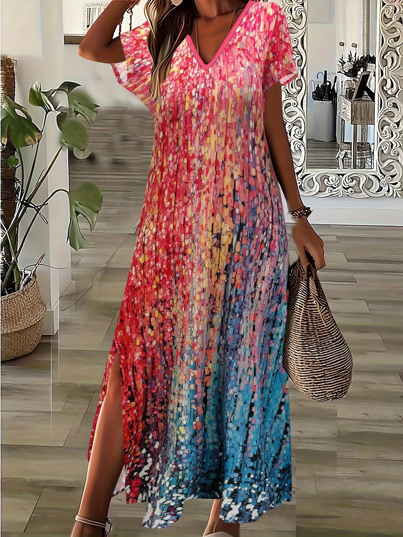 Women's Short Sleeve Summer As Picture Abstract Printing V Neck Daily Going Out Casual Maxi X-Line Dress