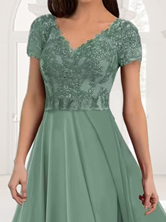 Women's Short Sleeve Summer Plain Lace V Neck Elegant Maxi X-Line Wedding Guest Mother of the Bride Formal Dress