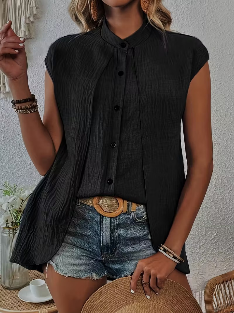 Plain Elegant Fake 2in 1 Stand Collar Short Sleeve Button Casual Shirt