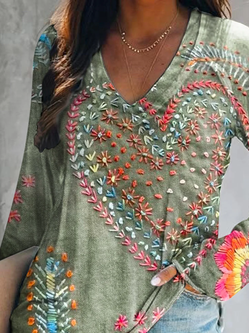 Women's Long Sleeve Blouse Spring/Fall Green Floral Printing Cotton V Neck Daily Going Out Casual Top