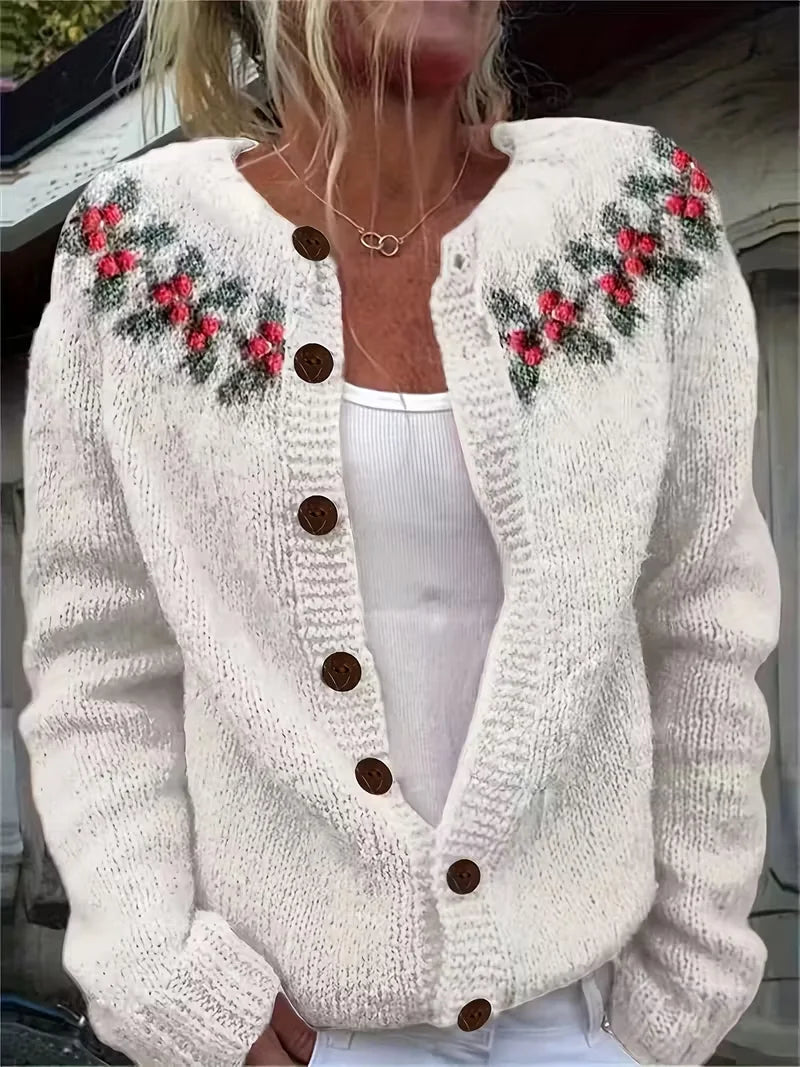 Women's Christmas Print Crew Neck Button Cardigan