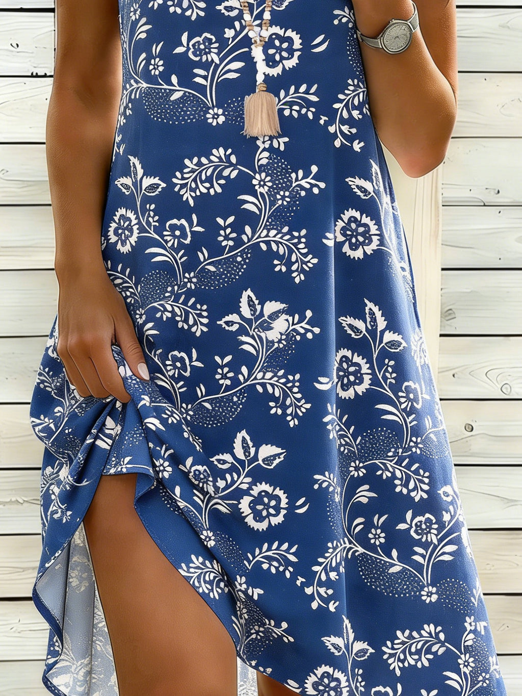 Cotton Denim Blue Floral Printing V Neck Sleeveless Summer Vacation Casual Dress