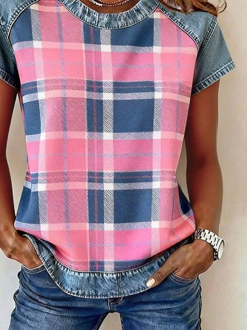 Women's Denim Patchwork Short Sleeve T-shirt Summer Pink Plaid Printing Crew Neck Daily Going Out Vintage Top