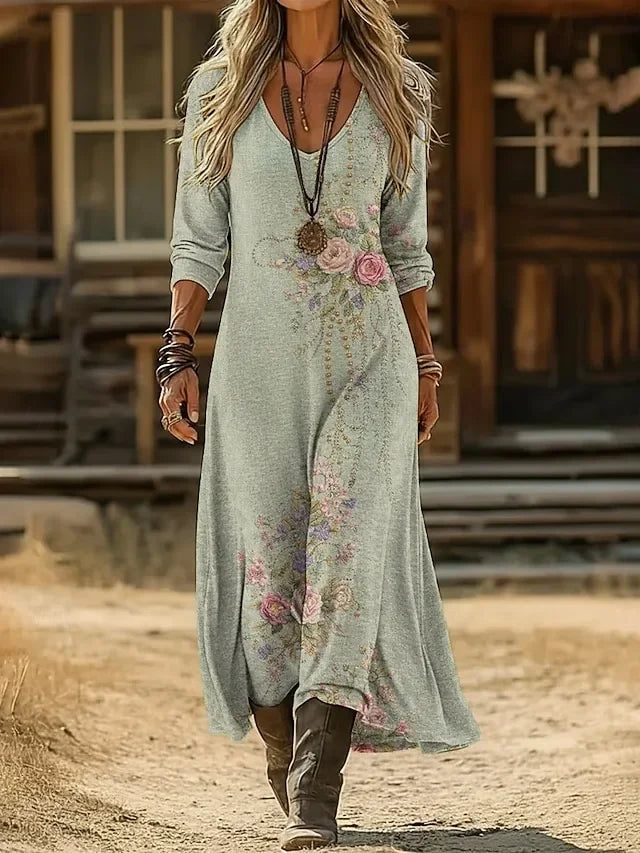 V Neck Vintage Loose Dress With No